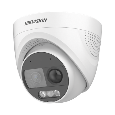 Turret TURBOHD 2 Megapixeles (1080p) / Imagen a color 24/7 / Lente 2.8 mm / Luz Blanca 20 mts / Exterior IP67 / WDR 130dB / Sensor PIR / Sirena Integrada / Estrobo ROJO - AZUL / Micrófono Integrado | DS-2CE72DF3T-PIRXOS