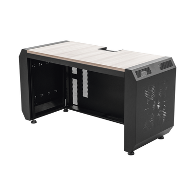 Consola Profesional para Monitoreo o Computo | Ranura para Base de Monitores | Microperforaciones | Luces LED Decorativas | Tomacorriente HTCM1U10C | Tapas Organizadoras de Cables | Niveladores | Rack para Montaje de Equipos | Ranura Pasaca | EMS03