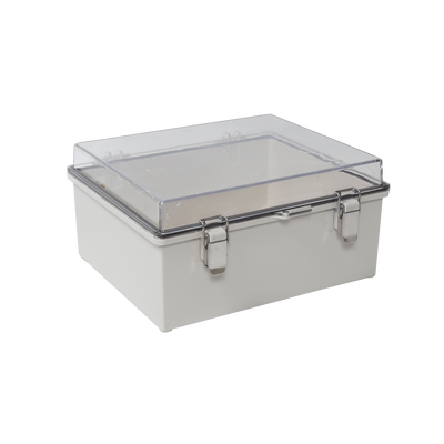 Gabinete Plástico ABS, Puerta Transparente, Uso en Intemperie IP66 (190 x 290 x 140 mm) cierre por Broche Inoxidable y Permite Cerrado con Candado y Llave (Perno 5mm) No Incluido | PST-1929-14ET