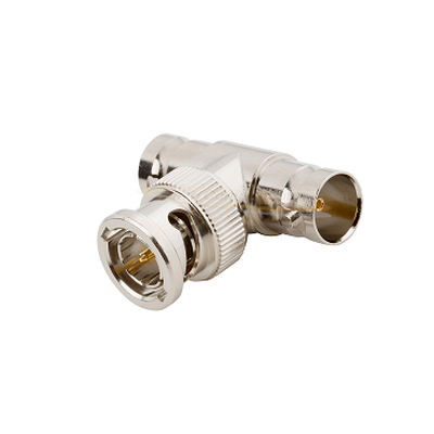 Adaptador en T para 50 Ohm de BNC Macho a Doble BNC Hembra, Troquelado, Níquel/ Oro/ Delrin. | RFB-1130-1