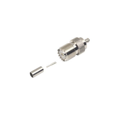Conector UHF Hembra (SO-239) en Línea, de Anillo Plegable para Cable RG-58/U, RG-142/U, Níquel/ Plata/ Delrin. | RFU-527