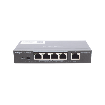 Switch Administrable PoE con 5 puertos Gigabit, 4 PoE 802.3af/at, gestión gratuita desde la nube, 54w | RG-ES205GC-P