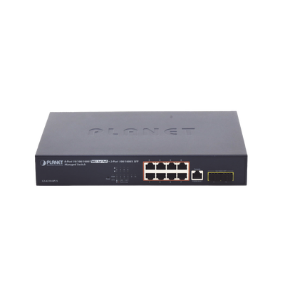 Switch Administrable Capa 2, 8 Puertos PoE 802.3af/at Gigabit, 140 W Max, 2 Puertos SFP, Modo Extendido Hasta 250 m, Soporta Administración en Nube CloudNMS ( HW Rev. 3.0 en Adelante). | GS-4210-8P2S