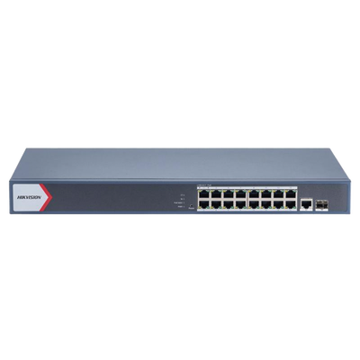 Switch Gigabit PoE+ / Administrable / 16 Puertos 1000 Mbps PoE+ / 1 Puerto 1000 Mbps de Uplink / 1 Puerto SFP /  Configuración Nube desde Hik-Partner Pro / Modo Extendido hasta 300 Metros / 230 Watts | DS-3E1518P-EI