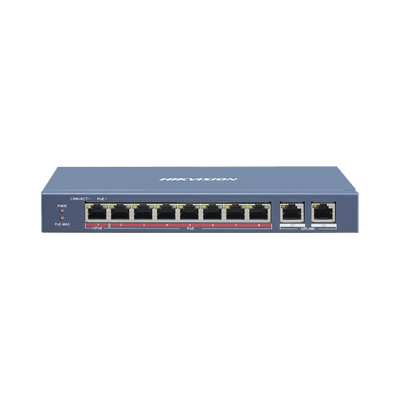 Switch PoE+ / No Administrable / 7 Puertos 10/100 Mbps 802.3 af/at (30 W) / 1 Puerto 10/100 Mbps Hi-PoE (90 W)  / 2 Puertos 1000 Mbps Uplink / Modo Extendido hasta 300 Metros / 110 Watts | DS-3E0310HP-E