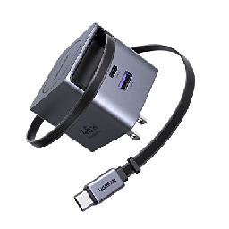 [65821] Cargador Rápido UGREEN 45W GaN / Cable Retráctil 0.7m / 3 Puertos USB-C + USB-A / Tecnología GaNInfinity 95% Eficiencia / 8 Capas Protección / Carga Simultánea 3 Dispositivos / Compacto para Viajes | 65821