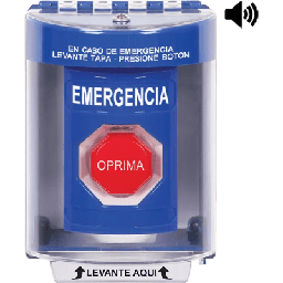 [SS2482EM-ES] ​Botón Multipropósito, Color Azul, De Superficie con Espaciador, C/Tapa De Policarbonato, C/Bocina Pre Alarma, Interior/Exterior, Llave Para Restablecer, Texto De Emergencia, Español | SS2482EM-ES