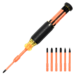 [32306-INS] Destornillador Aislado 6-en-1 Auto-Lock / Aislado 1000V CAT III / Almohadilla de agarre / Almacenamiento de brocas integrado / Bits Philips #1 #2 / Slotted 3/16" 1/4" / Square #1 #2 | 32306-INS