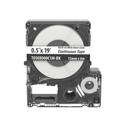 [T050X000C1M-BK] Casete de Etiquetas de Nylon de Cinta Continua, Color Negro Sobre Blanco, Uso Interior/Exterior, 12 (0.5 Pulgadas) mm de Ancho x 6 Metros (19.69 Pies) de Largo | T050X000C1M-BK