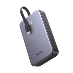 [45762] Power Bank Portatil | 20000mAh (74Wh) | 30W | Con Cable USB-C Incorporado | 2 Salidas 22,5W | Pantalla Inteligente | Multiple Proteccion | Aprobado por Aerolíneas | Color Grey. | 45762