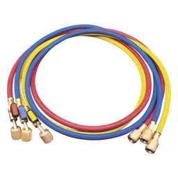 [MM-360] Juego de Mangueras de Refrigerante / 3 Mangueras 150 cm (60 in) / Presión Trabajo 55 bar (800 psi) / Presión Ruptura 276 bar (4000 psi) / Válvulas de Cierre Integradas / Conexiones 1/4 SAE Hembra y Macho / Identificación por Color Rojo-Azul | MM-360