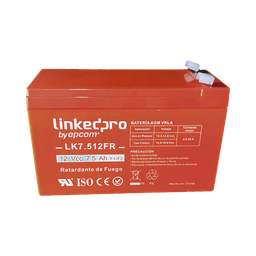 [LK7.512FR] Batería 12 V / 7.5 Ah / UL / Tecnología AGM / Vida útil promedio de 5 años / Retardante a la Flama / Para equipo electrónico, Alarmas de Intrusión / Incendio/ Control de acceso / Video Vigilancia / Incluye adaptad | LK7.512FR