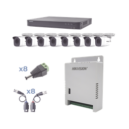 [KEVTX8T8BW] KIT TurboHD 1080p / DVR 8 Canales / 8 Cámaras Bala (exterior 2.8 mm) / Transceptores / Conectores / Fuente de Poder Profesional hasta 15 Vcc para Larga Distancias | KEVTX8T8BW