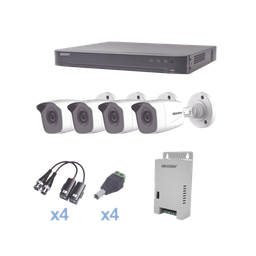 [KEVTX8T4BW] KIT TurboHD 1080p / DVR 4 Canales / 4 Cámaras Bala Metálicas (exterior 2.8 mm) / Transceptores / Conectores / Fuente de Poder Profesional | KEVTX8T4BW